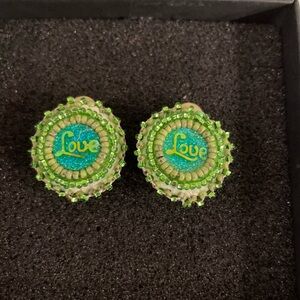 Beaded Green Ombre ‘Love' Clip on Earrings NIB